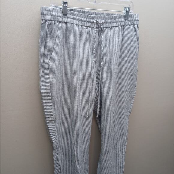 J. Crew Linen/Cotton Striped Drawstring Pinstripe Ankle Pants Black White SZ 12 - Picture 2 of 11